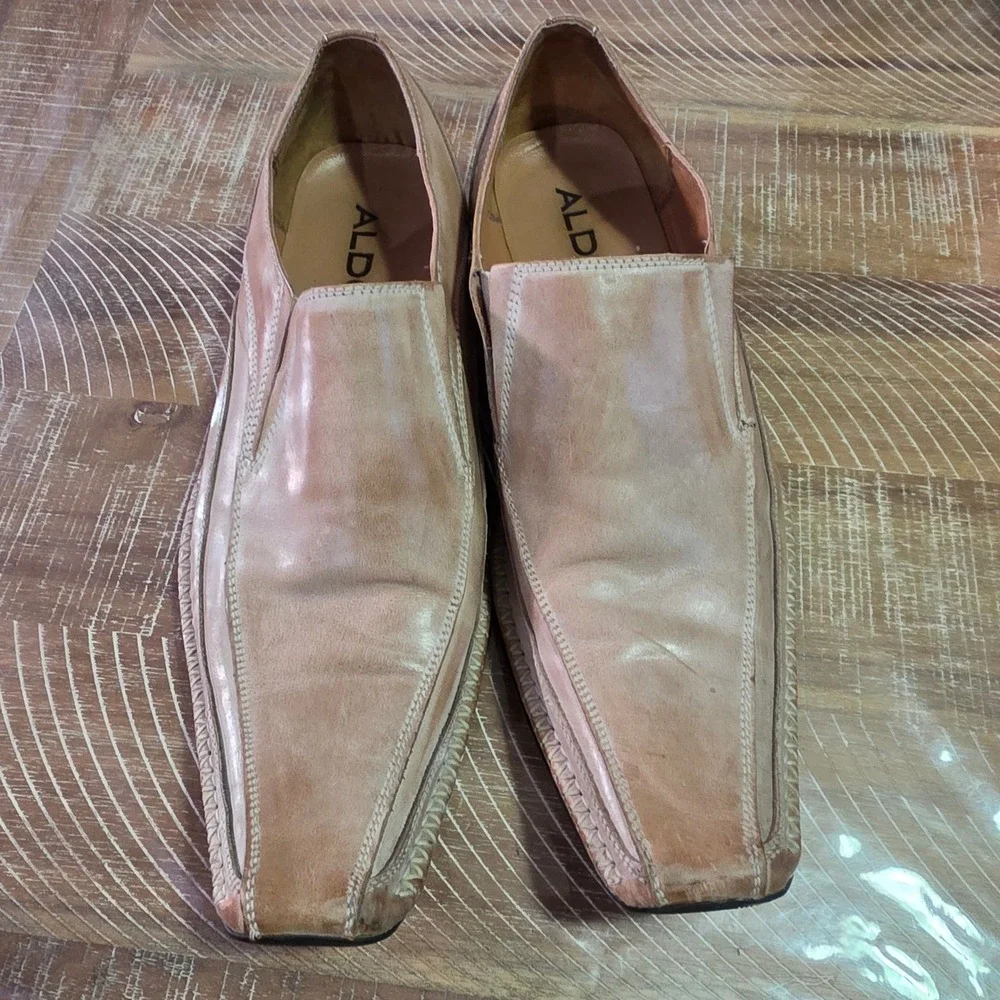 Aldo Mens Tan Leather Square Toe Slip On Loafers Dress Shoes EU 43 US 10